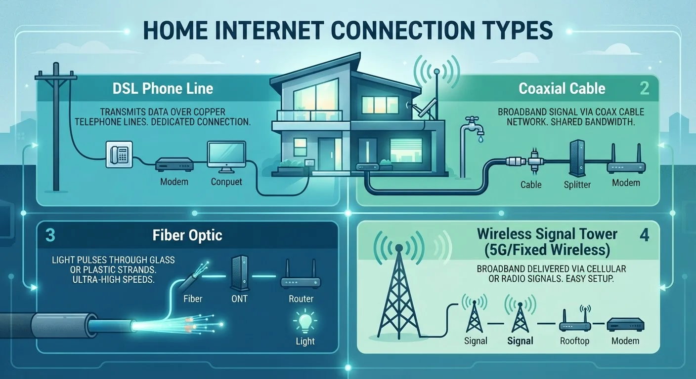 Home Internet Types Explained: DSL, Cable, Fiber, and Fixed Wireless